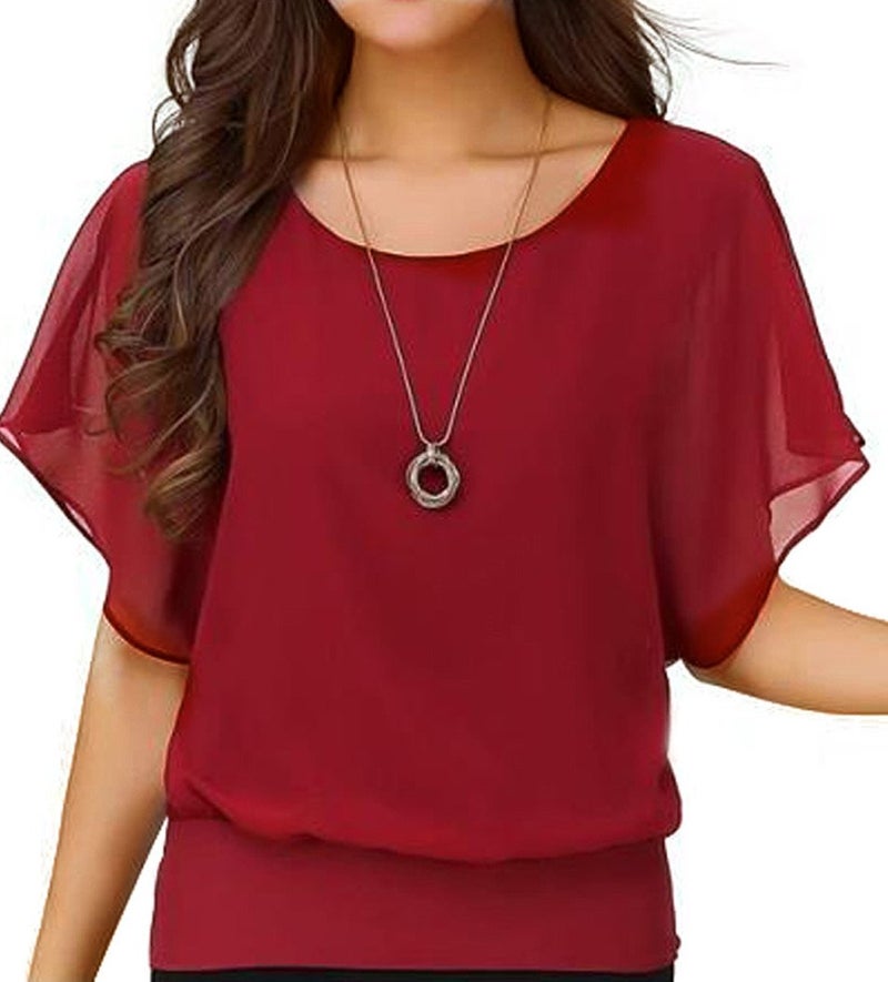 VIISHOW Womens Solid Short Sleeve Boat Neck Dolman Top with Side Shirring Red XL - Image 1